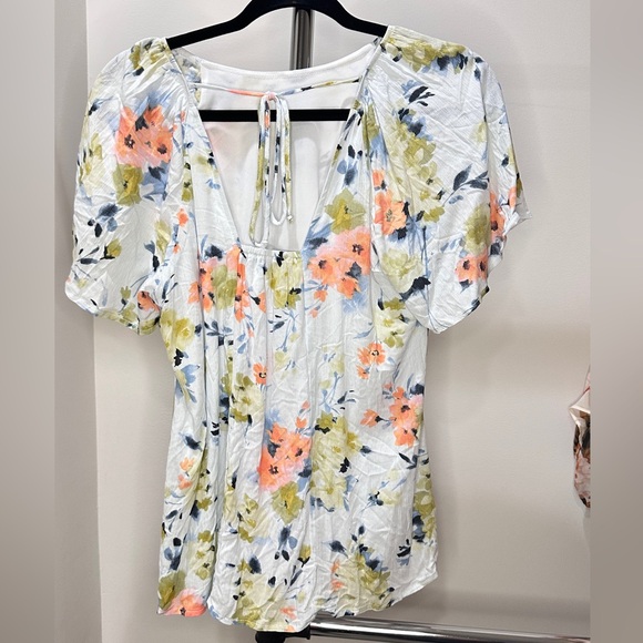 Daniel Rainn Blue, White and Orange Relaxed Fit Sleeve Floral Blouse, Medium - Picture 2 of 4